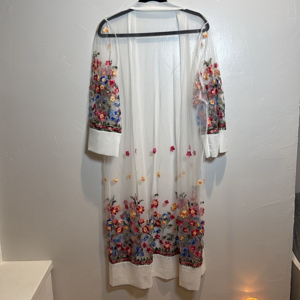 Kimono Sheer White Floral Embroidery Wedding Bridal Spring Shower Beach Boho - Picture 7 of 12